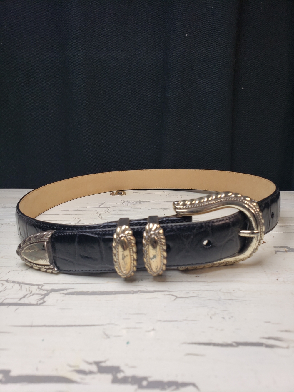 Brighton Crocodile Embossed Leather Belt w/ Silver-Tone Western Buckle - size M